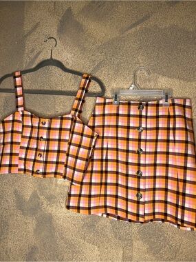Monki Pink and Orange Plaid Button-Front Crop Top & Skirt Set